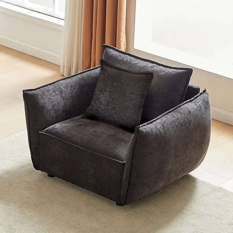 Black 44 Upholstered Arm Chair with Pillows and Wide Cushion