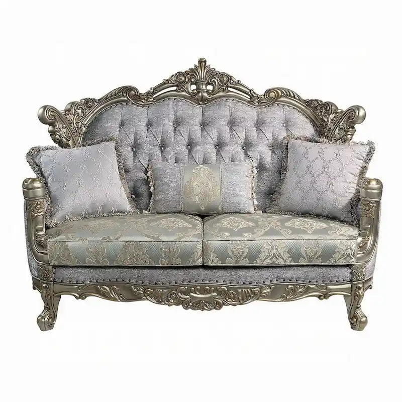 Canapé deux places, 3 coussins, tissu gris, bois bronze antique, 185 cm