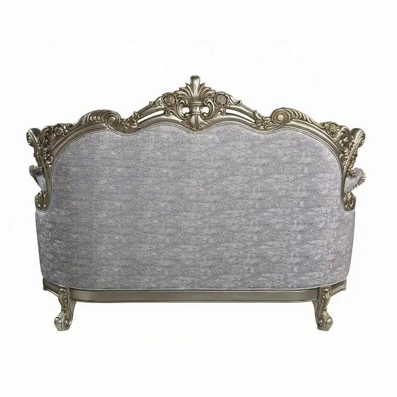 Canapé deux places, 3 coussins, tissu gris, bois bronze antique, 185 cm