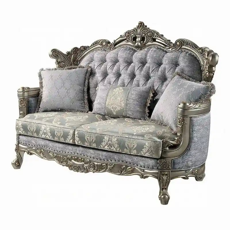 Canapé deux places, 3 coussins, tissu gris, bois bronze antique, 185 cm