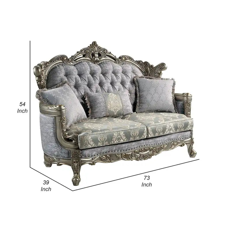 Canapé deux places, 3 coussins, tissu gris, bois bronze antique, 185 cm