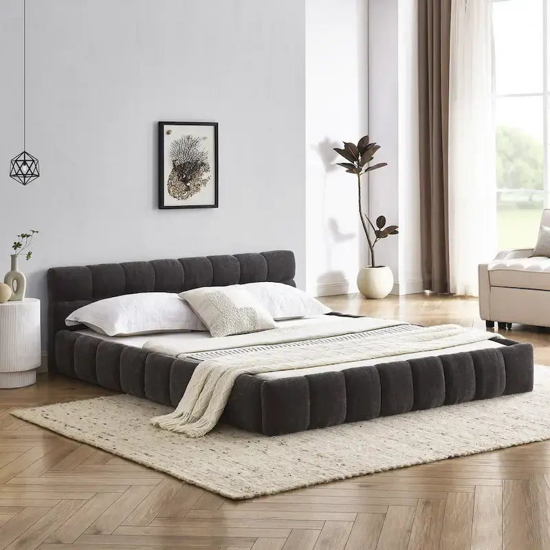 Chenille Upholstered Bed Grounded Platform Bed with Headboard