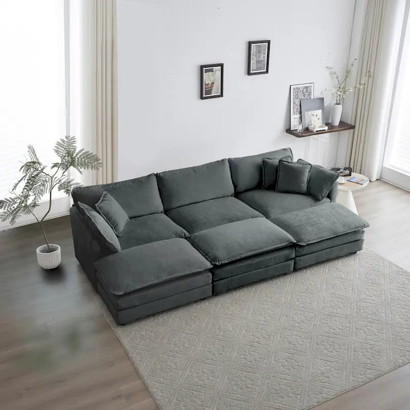 Canapé d'angle en U modulaire réversible à assise profonde, 6 places, avec poufs