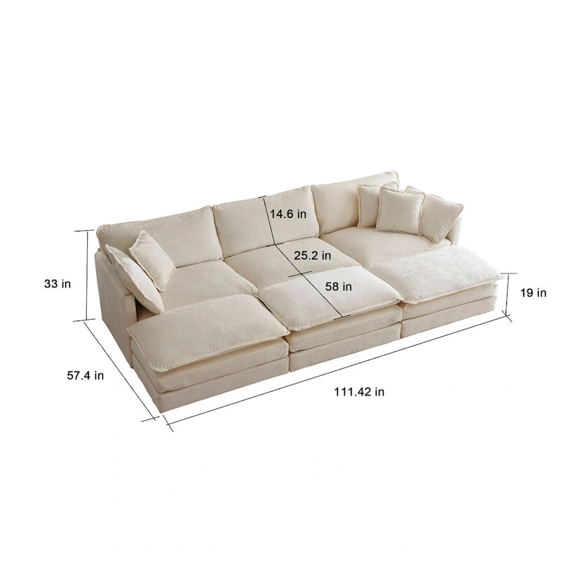 Canapé d'angle en U modulaire réversible à assise profonde, 6 places, avec poufs