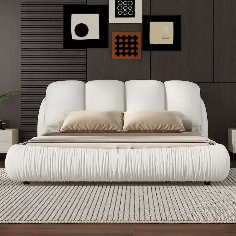 Luxury Upholstered Leather Bed with Thick Headboard