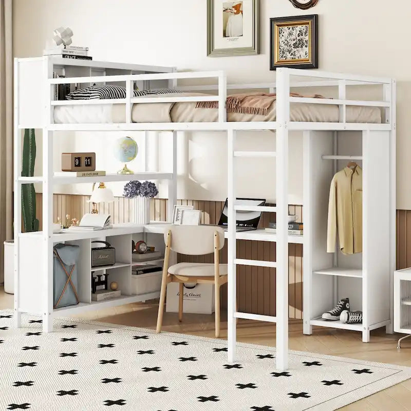 Lit mezzanine en métal pleine grandeur blanc cassé avec armoire et bureau en L, casiers de rangement et étagères pour enfants, adolescents et adultes
