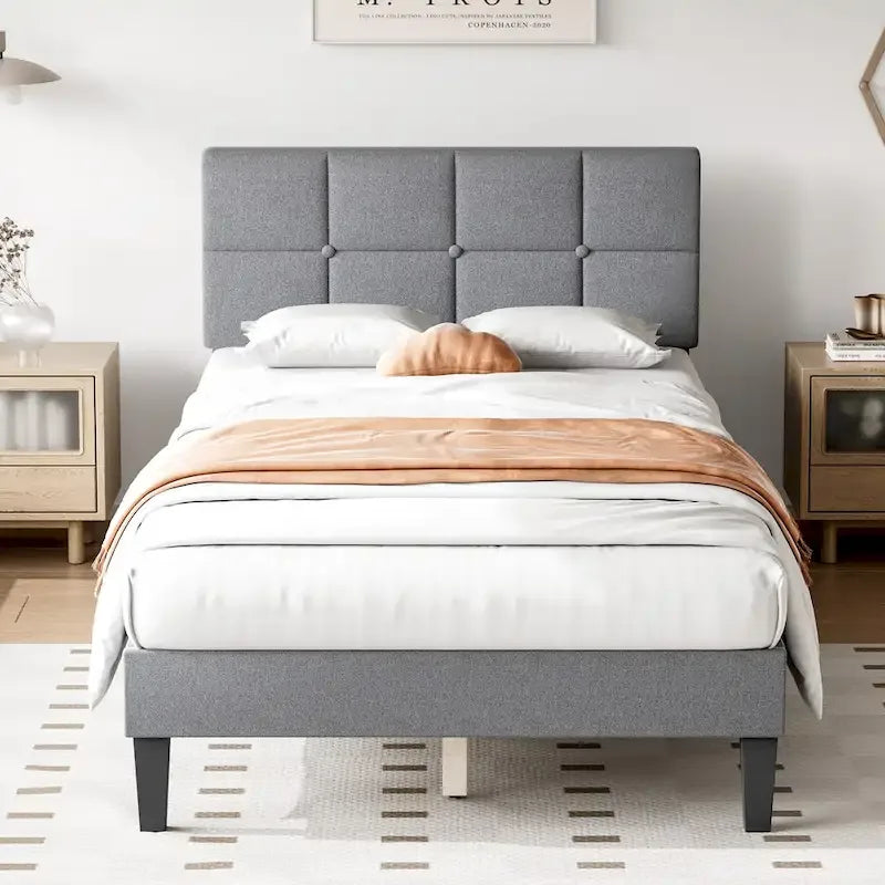 Linen Upholstered Platform Bed with Adjustable Headboard and Wooden Slats