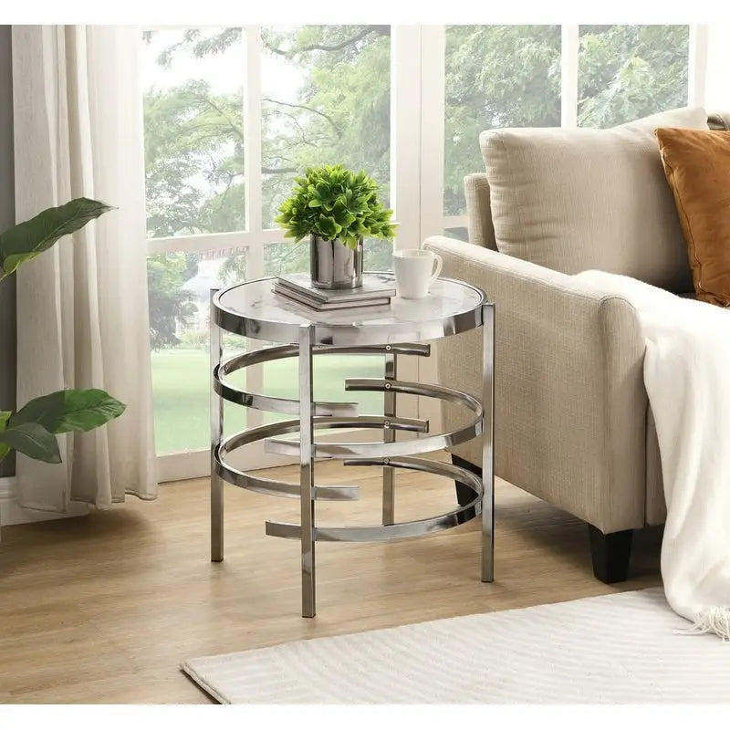 Modern Round End Table with Sintered Stone Top, Chrome/ Silver End Table for Living Room 20.67W x 20.67D x 21.65H