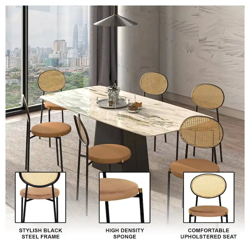 Chaise de salle à manger moderne avec assise en velours rembourrée - Chaise d'appoint à dossier en osier pour bureau, salon et cuisine