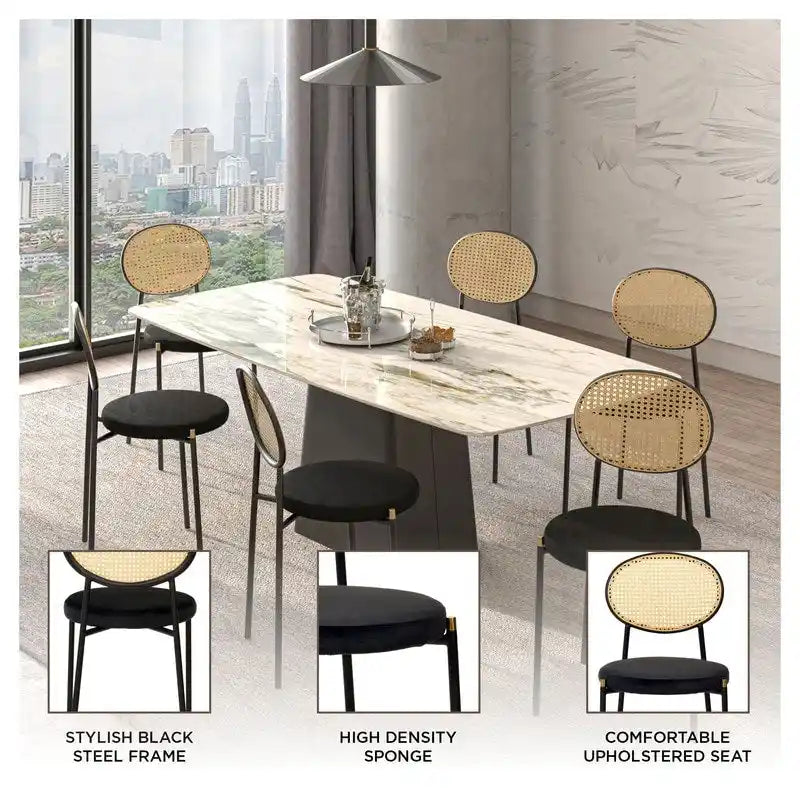 Chaise de salle à manger moderne avec assise en velours rembourrée - Chaise d'appoint à dossier en osier pour bureau, salon et cuisine