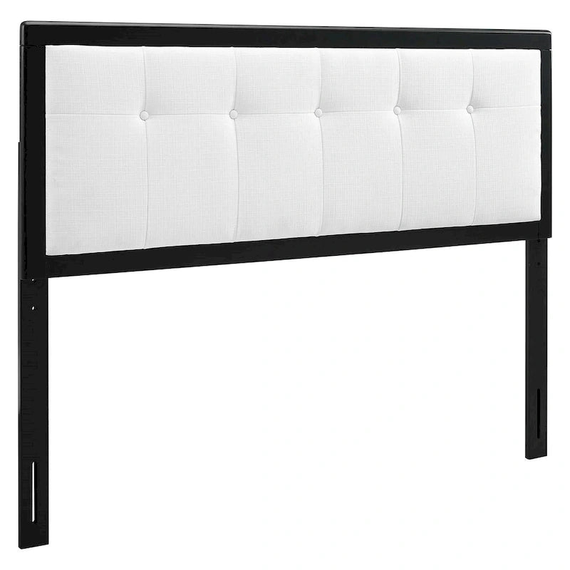 Tête de lit Queen size en tissu blanc traditionnel à capitons avec boutons et structure en bois noir