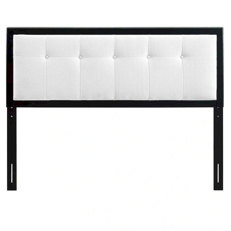 Tête de lit Queen size en tissu blanc traditionnel à capitons avec boutons et structure en bois noir