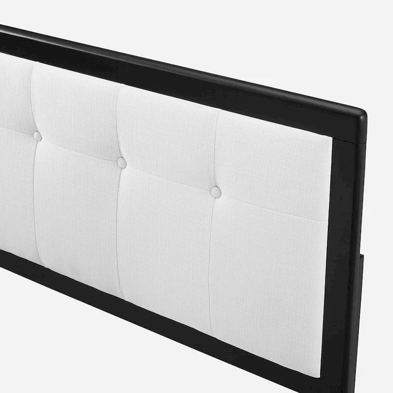 Tête de lit Queen size en tissu blanc traditionnel à capitons avec boutons et structure en bois noir