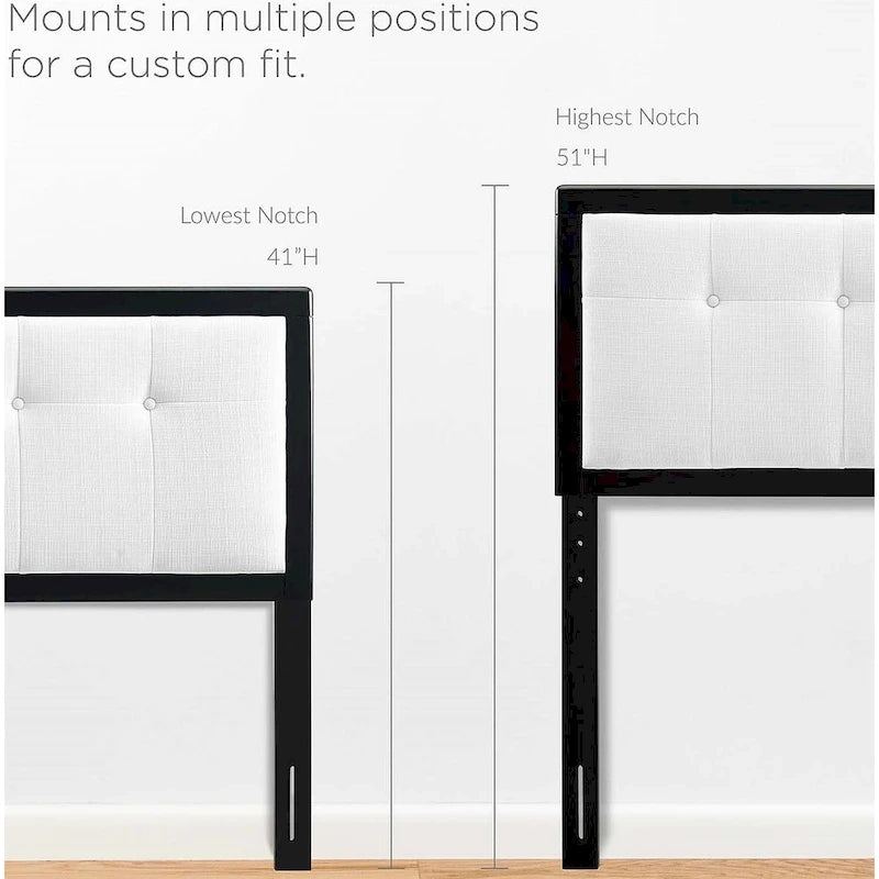 Tête de lit Queen size en tissu blanc traditionnel à capitons avec boutons et structure en bois noir