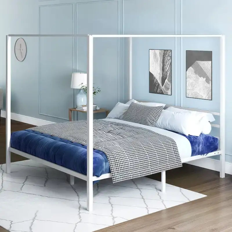 King White Metal Canopy Platform Bed Frame