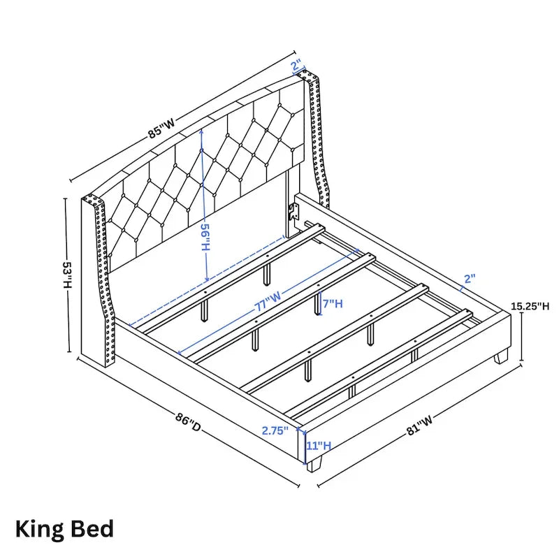 Lit à oreilles avec garniture cloutée et revêtement capitonné.