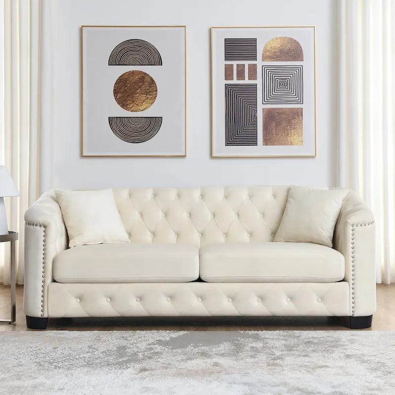 77-Inch Modern Chesterfield Velvet Sofa, 3-Seater Sofa, Upholstered Tufted Backrests with Nailhead Arms and 2 Cushions for Livin