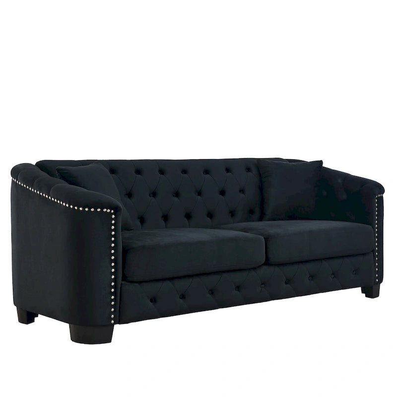 Canapé moderne en velours de 196 cm avec dossier capitonné et accoudoirs ornés de clous décoratifs ; inclut deux coussins décoratifs.
