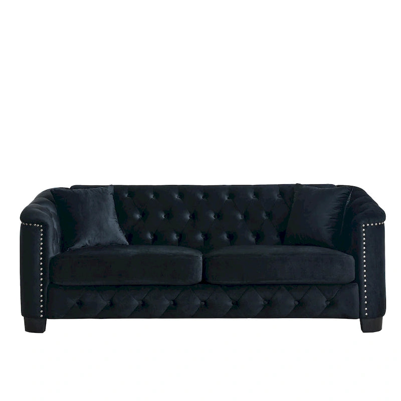 Canapé moderne en velours de 196 cm avec dossier capitonné et accoudoirs ornés de clous décoratifs ; inclut deux coussins décoratifs.