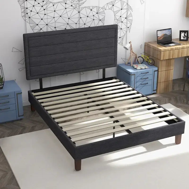 Cadre de lit plateforme avec support à lattes en bois, lit rembourré avec tête de lit, sommier tapissier non requis