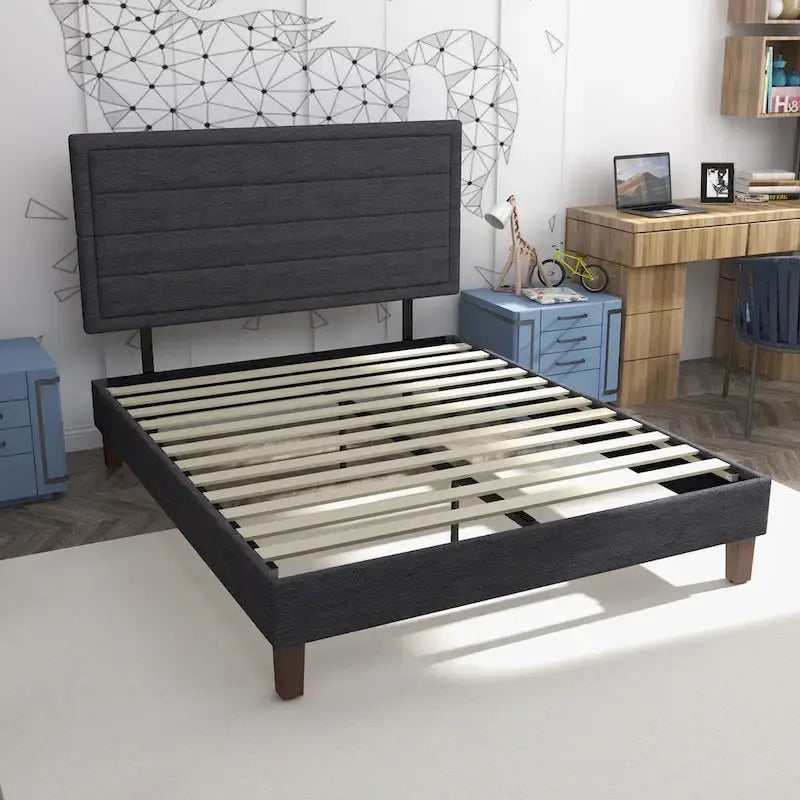 Cadre de lit plateforme avec support à lattes en bois, lit rembourré avec tête de lit, sommier tapissier non requis