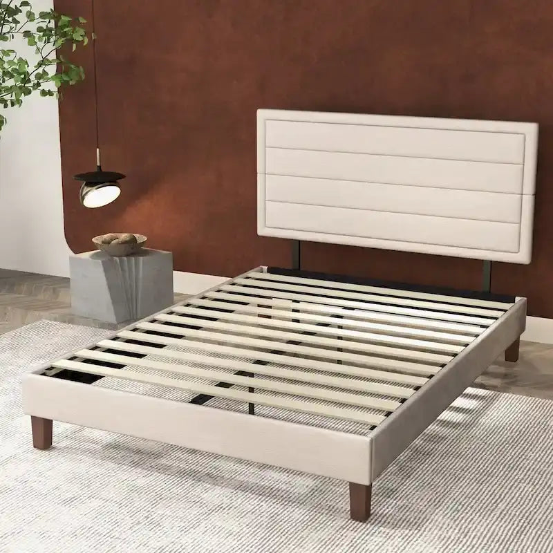 Cadre de lit plateforme avec support à lattes en bois, lit rembourré avec tête de lit, sommier tapissier non requis