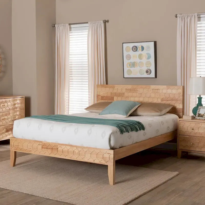 Hosea Japandi Carved Honeycomb Natural Queen Size Platform Bed