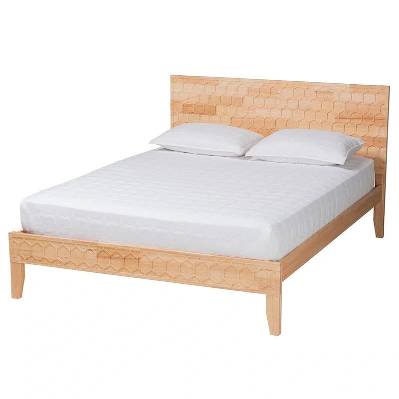 Lit plateforme Queen size naturel avec motif alvéolé sculpté