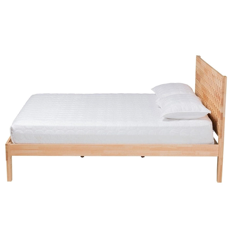 Lit plateforme Queen size naturel avec motif alvéolé sculpté