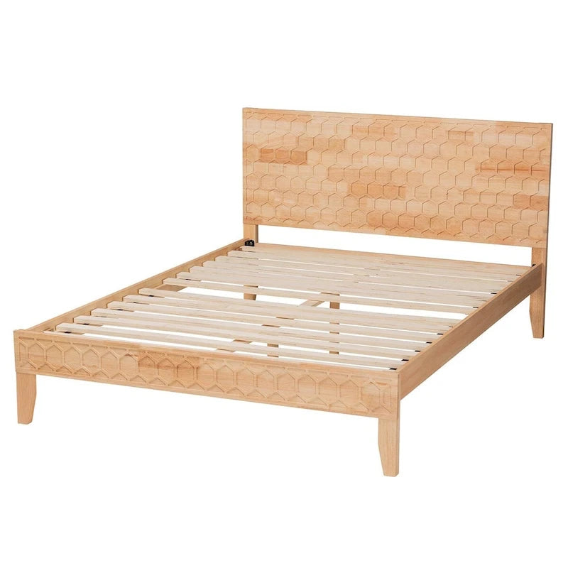 Lit plateforme Queen size naturel avec motif alvéolé sculpté
