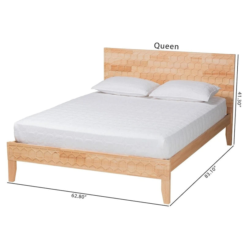 Lit plateforme Queen size naturel avec motif alvéolé sculpté