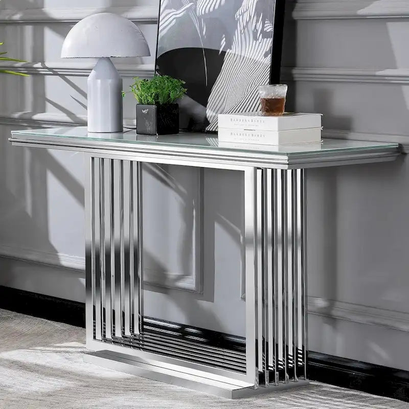 Table console rectangulaire en verre de 60 pouces avec base en acier inoxydable doré brossé