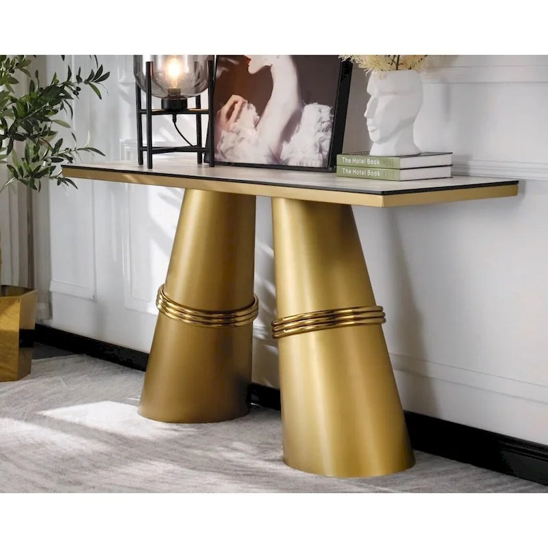Table console rectangulaire en verre de 60 pouces avec base en acier inoxydable doré brossé