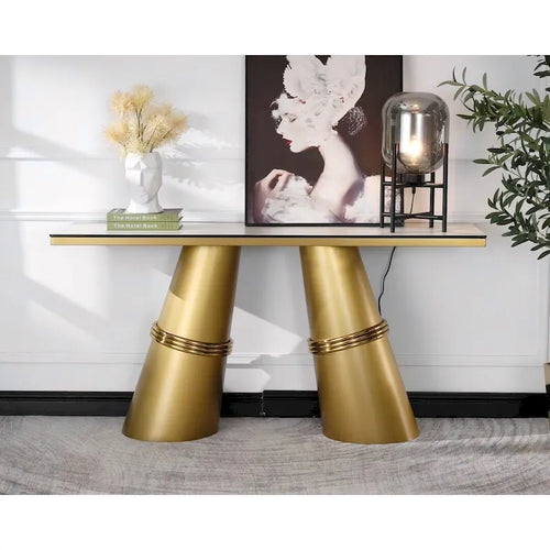 Table console rectangulaire en verre de 60 pouces avec base en acier inoxydable doré brossé