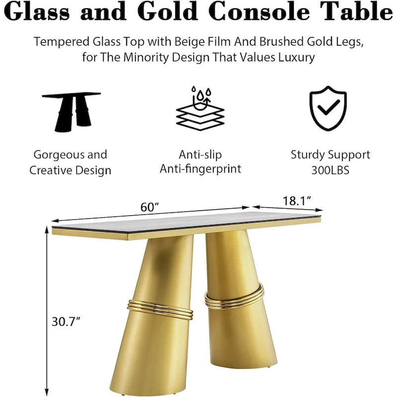 Table console rectangulaire en verre de 60 pouces avec base en acier inoxydable doré brossé