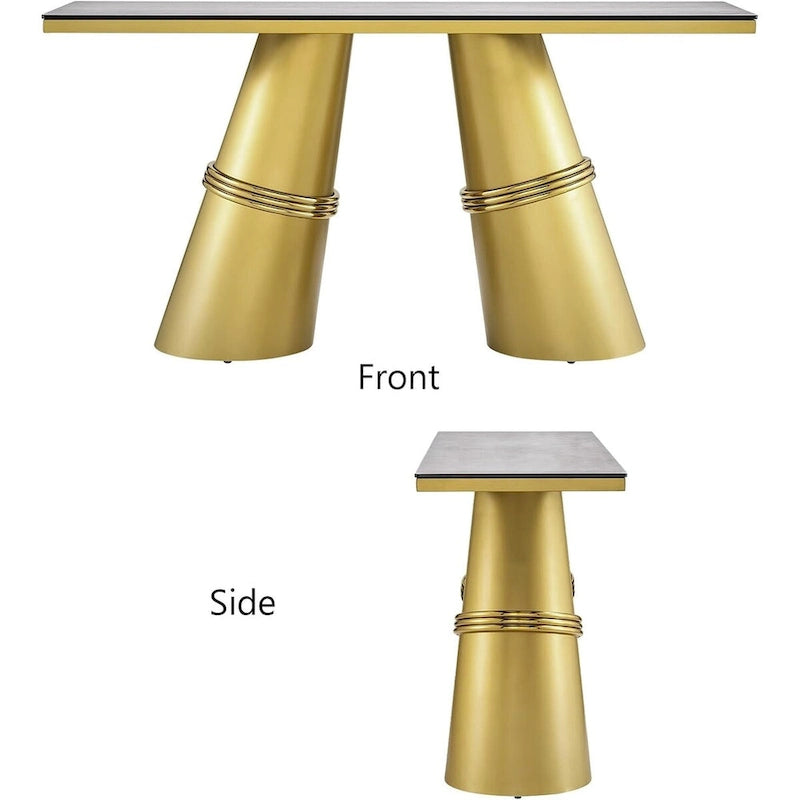 Table console rectangulaire en verre de 60 pouces avec base en acier inoxydable doré brossé