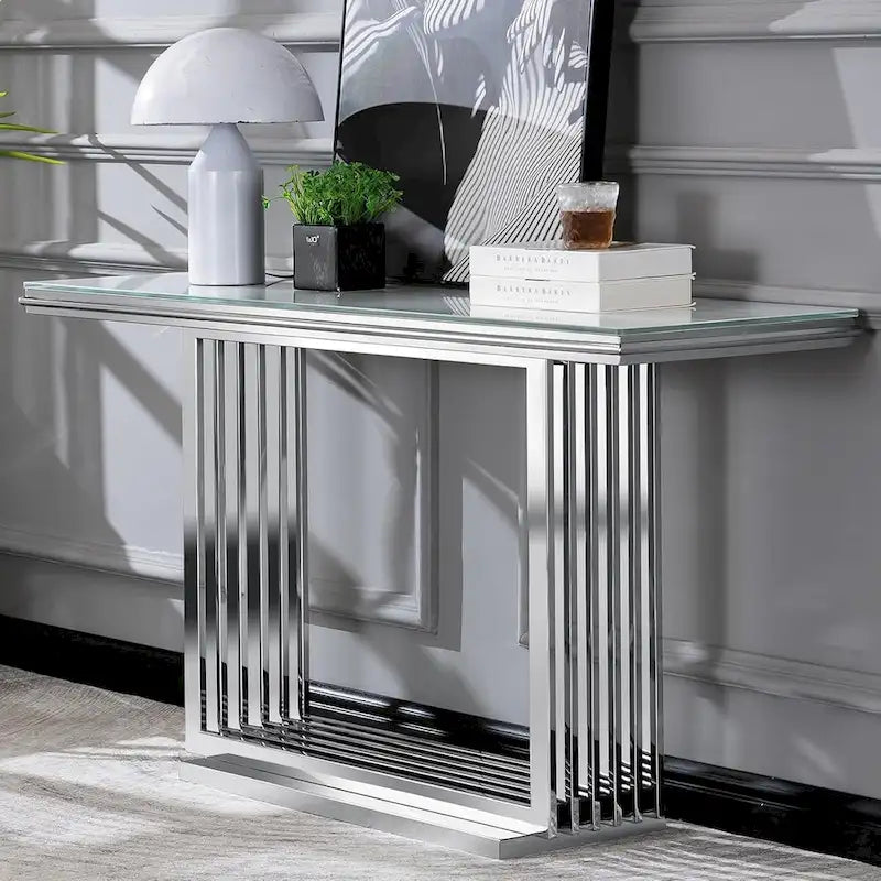 Table console rectangulaire en verre de 60 pouces avec base en acier inoxydable doré brossé