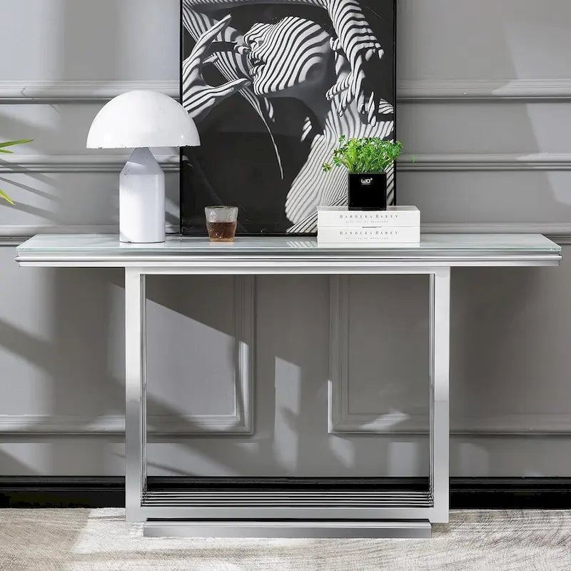 Table console rectangulaire en verre de 60 pouces avec base en acier inoxydable doré brossé