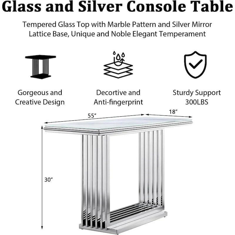Table console rectangulaire en verre de 60 pouces avec base en acier inoxydable doré brossé