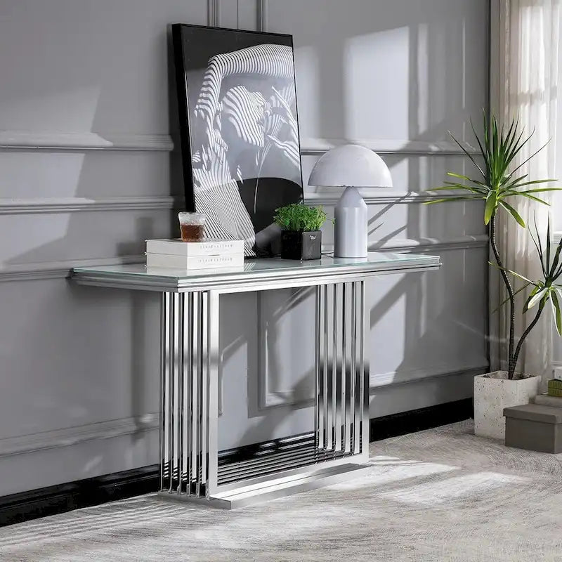 Table console rectangulaire en verre de 60 pouces avec base en acier inoxydable doré brossé