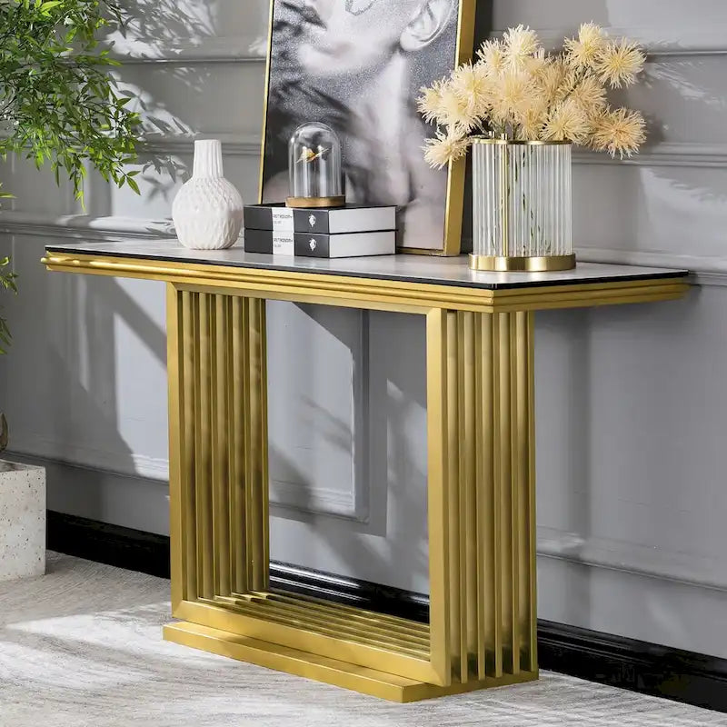 Table console rectangulaire en verre de 60 pouces avec base en acier inoxydable doré brossé