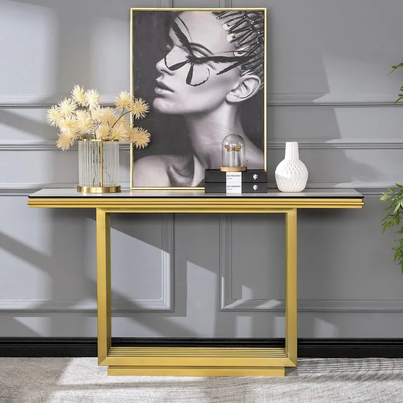 Table console rectangulaire en verre de 60 pouces avec base en acier inoxydable doré brossé
