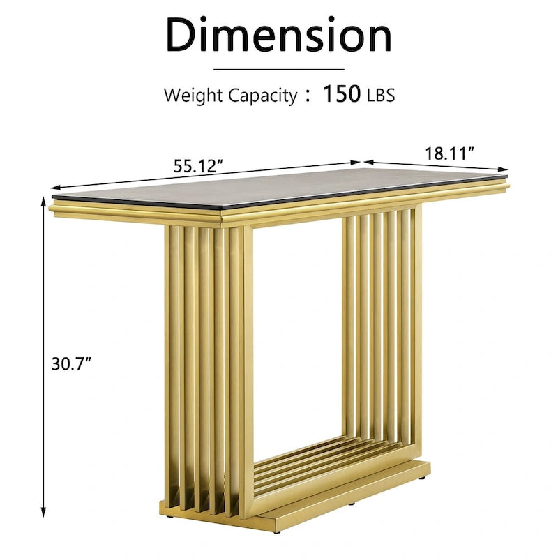 Table console rectangulaire en verre de 60 pouces avec base en acier inoxydable doré brossé
