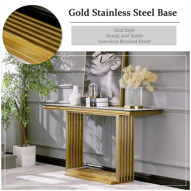 Table console rectangulaire en verre de 60 pouces avec base en acier inoxydable doré brossé