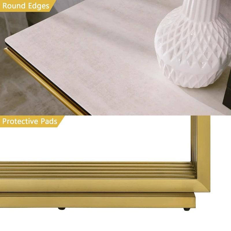 Table console rectangulaire en verre de 60 pouces avec base en acier inoxydable doré brossé