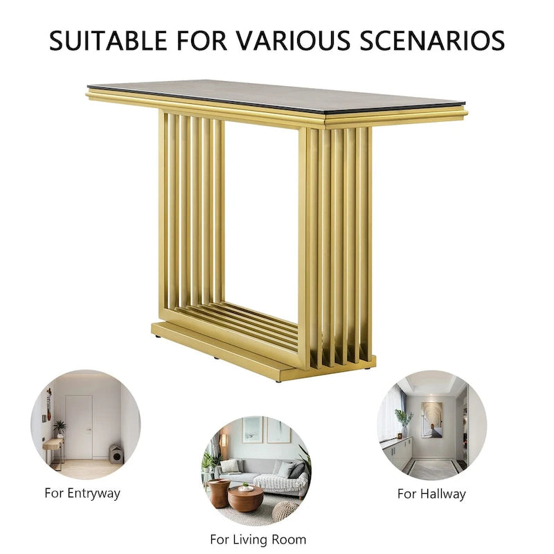 Table console rectangulaire en verre de 60 pouces avec base en acier inoxydable doré brossé