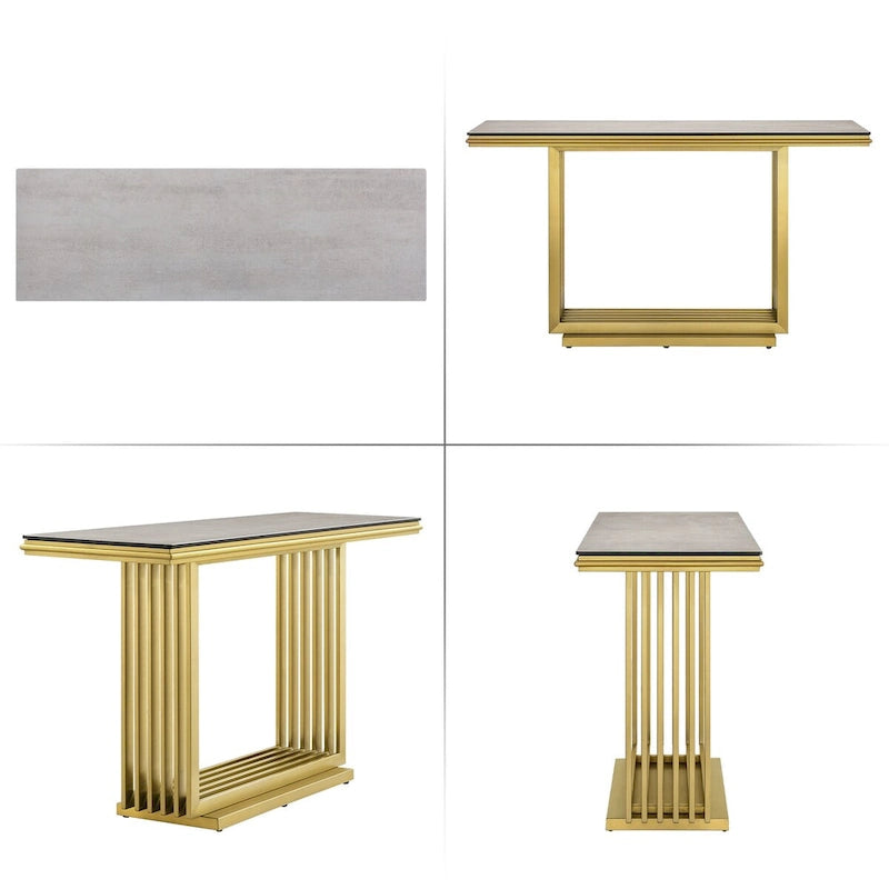 Table console rectangulaire en verre de 60 pouces avec base en acier inoxydable doré brossé