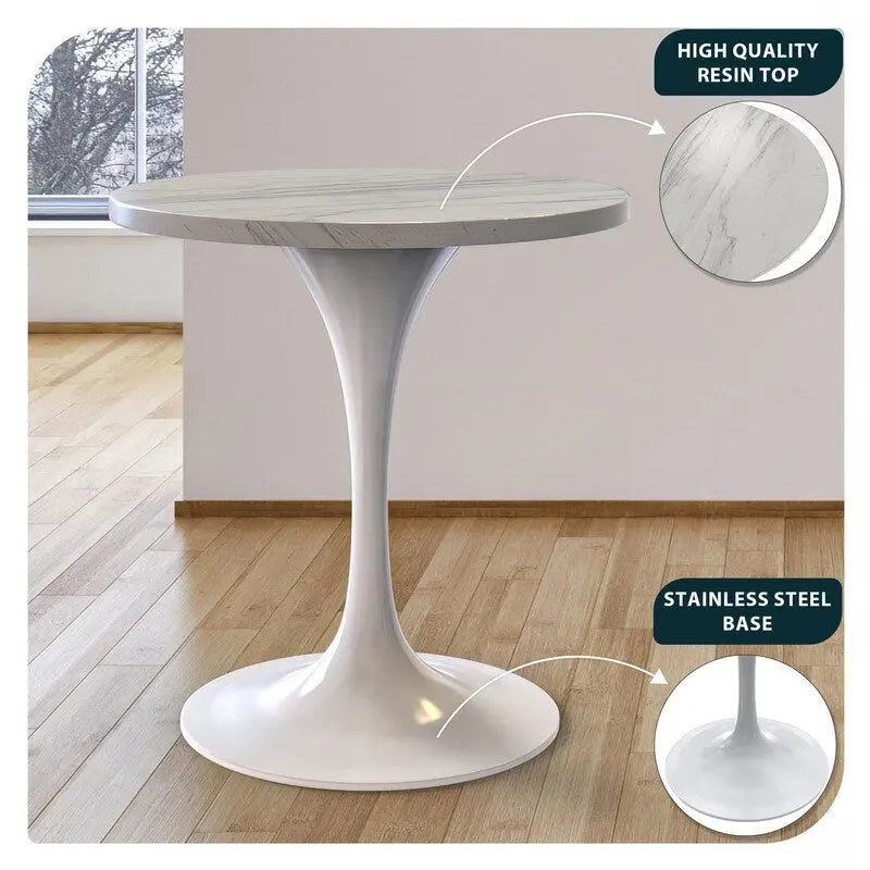Table de salle à manger ronde avec plateau en résine blanche et piètement en acier blanc pour cuisine et salle à manger
