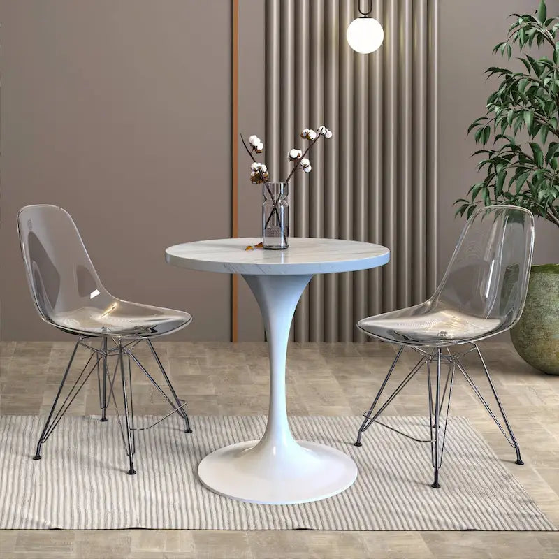 Table de salle à manger ronde avec plateau en résine blanche et piètement en acier blanc pour cuisine et salle à manger
