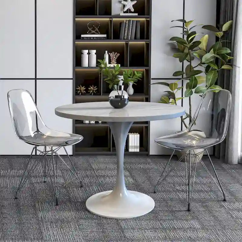 Table de salle à manger ronde avec plateau en résine blanche et piètement en acier blanc pour cuisine et salle à manger